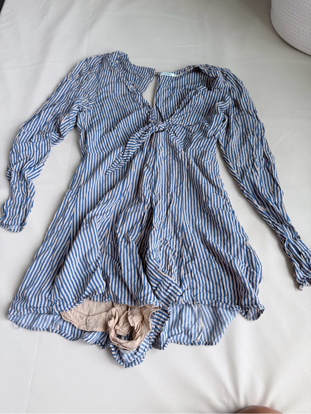 Blue and White Striped Long Sleeve Tie-Front romper
